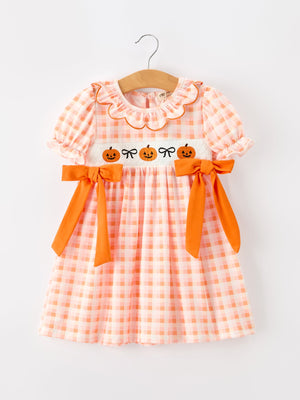 Halloween Pumpkin Plaid Bow Girls Dress — view 1