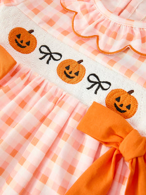 Halloween Pumpkin Plaid Bow Girls Dress — view 3