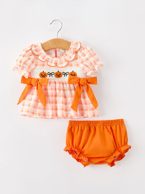 Halloween Pumpkin Plaid Girls Bloomer Set — view 1