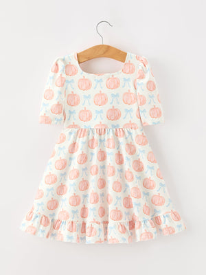 Halloween Thanksgiving Pumpkin Bow Girls Twirl Ruffle Dress — view 2