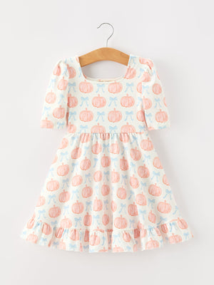 Halloween Thanksgiving Pumpkin Bow Girls Twirl Ruffle Dress — view 1