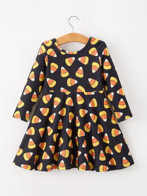 Halloween Candy Corn Girls Long Sleeve Twirl Dress — view 2