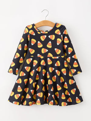Halloween Candy Corn Girls Long Sleeve Twirl Dress — view 1