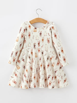 Halloween Ghost Floral Bow Girls Long Sleeve Twirl Dress — view 2