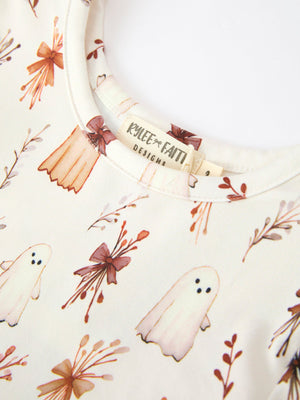 Halloween Ghost Floral Bow Girls Long Sleeve Twirl Dress — view 3