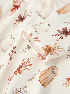 Halloween Ghost Floral Bow Girls Long Sleeve Twirl Dress — view 4