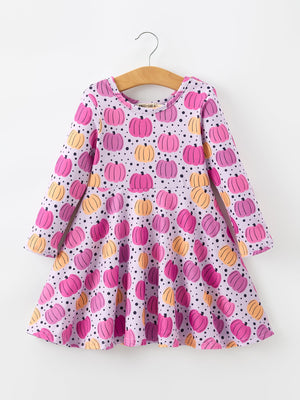 Halloween Pumpkin Print Girls Long Sleeve Twirl Dress — view 1