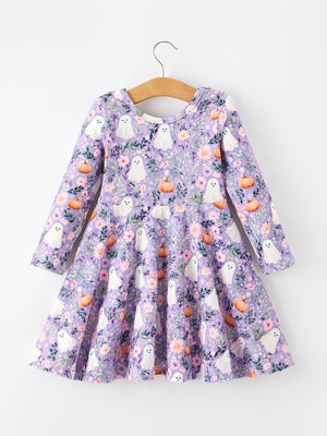 Halloween Ghost Pumpkin Girls Long Sleeve Twirl Dress — view 8