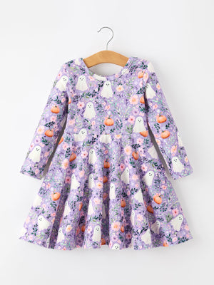 Halloween Ghost Pumpkin Girls Long Sleeve Twirl Dress — view 7