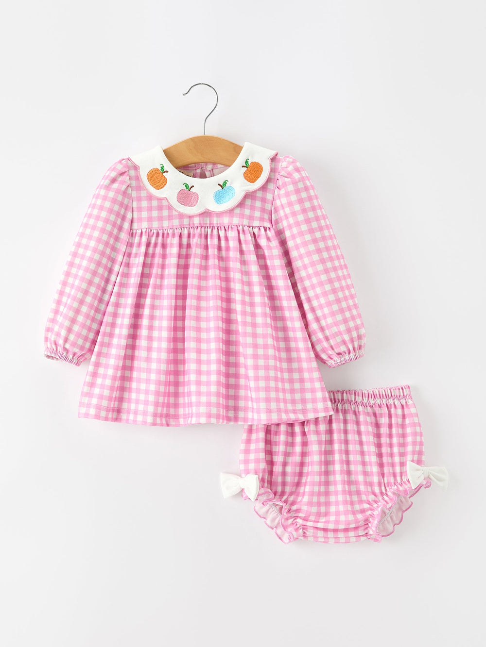 Thanksgiving Halloween Pumpkin Embroidery Pink Plaid Girls Bloomer Set
