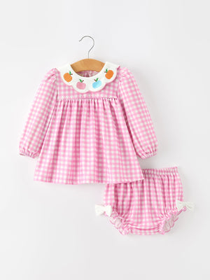 Thanksgiving Halloween Pumpkin Embroidery Pink Plaid Girls Bloomer Set — view 1