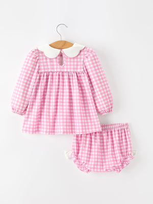 Thanksgiving Halloween Pumpkin Embroidery Pink Plaid Girls Bloomer Set — view 2