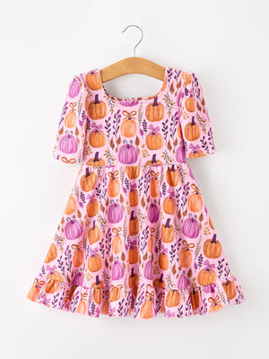 Thanksgiving Halloween Pumpkin Bow Ruffled Girls Dress — view 1