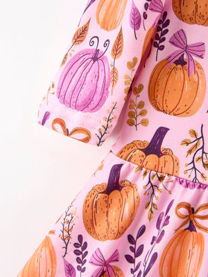 Thanksgiving Halloween Pumpkin Bow Ruffled Girls Dress — view 4