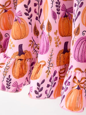 Thanksgiving Halloween Pumpkin Bow Ruffled Girls Dress — view 5