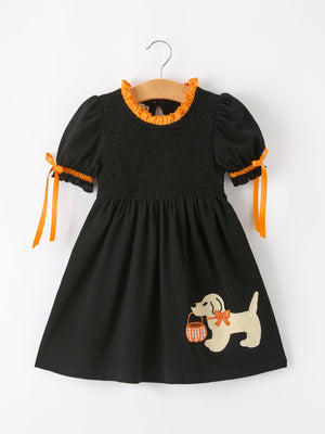 Girls Halloween Dog Pumpkin Applique Dress Puff Sleeve — view 1