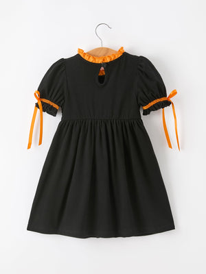 Girls Halloween Dog Pumpkin Applique Dress Puff Sleeve — view 2