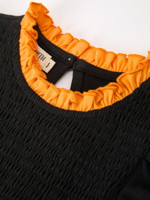 Girls Halloween Dog Pumpkin Applique Dress Puff Sleeve — view 3