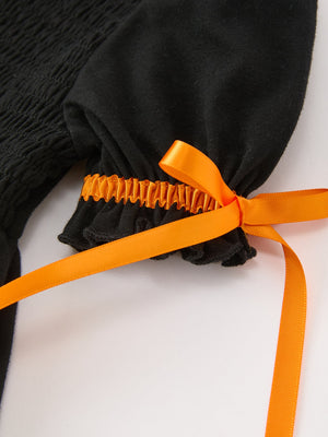 Girls Halloween Dog Pumpkin Applique Dress Puff Sleeve — view 4