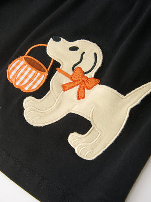Girls Halloween Dog Pumpkin Applique Dress Puff Sleeve — view 5