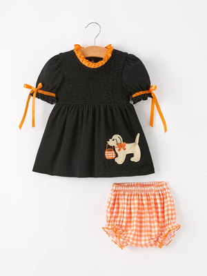Girls Halloween Dog Pumpkin Black Bloomers Set — view 1