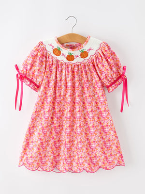 Girls Halloween & Thanksgiving Hot Pink Smocked Twirl Dress — view 1