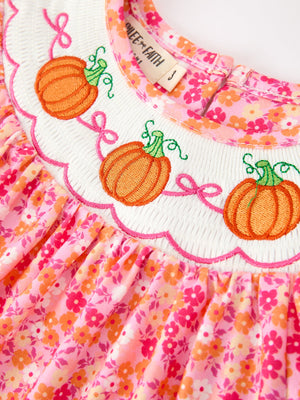 Girls Halloween & Thanksgiving Hot Pink Smocked Twirl Dress — view 3