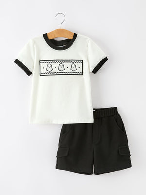 Halloween Ghost Smocked Embroidered Tee Boys Short Set — view 1