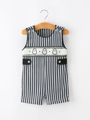 Halloween Ghost Smocked Boys Jon Jon Embroidered Romper — view 1