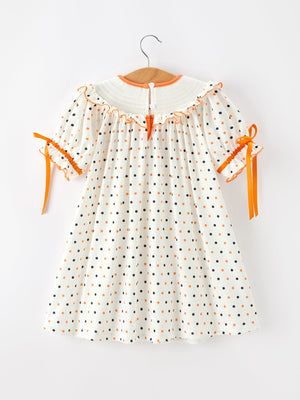 Halloween Pumpkin Smocked Girls Dress Polka Dot Ruffle Sleeve — view 2