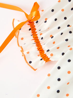 Halloween Pumpkin Smocked Girls Dress Polka Dot Ruffle Sleeve — view 4