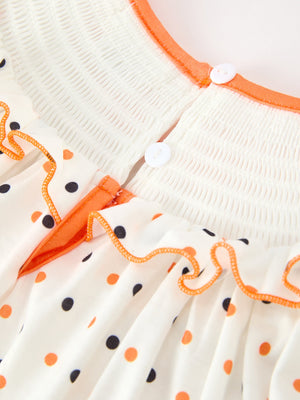 Halloween Pumpkin Smocked Girls Dress Polka Dot Ruffle Sleeve — view 5