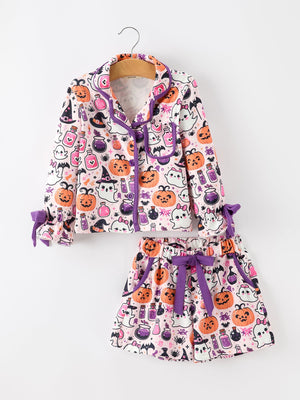 Halloween Pumpkin Ghost Print Girls Pajama Set — view 1