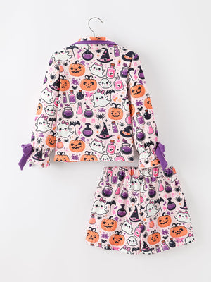 Halloween Pumpkin Ghost Print Girls Pajama Set — view 2