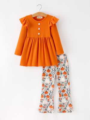Fall Halloween Pumpkin Ghost Print Girls Long Sleeve Set — view 1