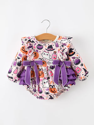 Halloween Pumpkin Ghost Baby Girl Bubble Romper Ruffle Bow Detail — view 1