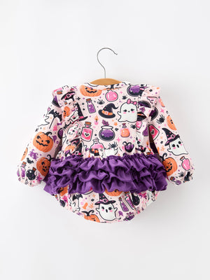 Halloween Pumpkin Ghost Baby Girl Bubble Romper Ruffle Bow Detail — view 2