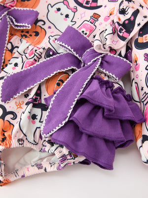 Halloween Pumpkin Ghost Baby Girl Bubble Romper Ruffle Bow Detail — view 3