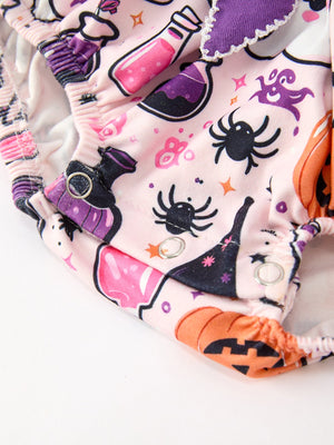 Halloween Pumpkin Ghost Baby Girl Bubble Romper Ruffle Bow Detail — view 4