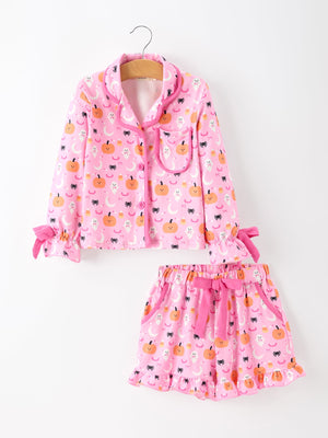 Halloween Pumpkin Ghost Print Girls Pajama Set Long Sleeve Top and Shorts — view 1