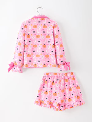 Halloween Pumpkin Ghost Print Girls Pajama Set Long Sleeve Top and Shorts — view 2