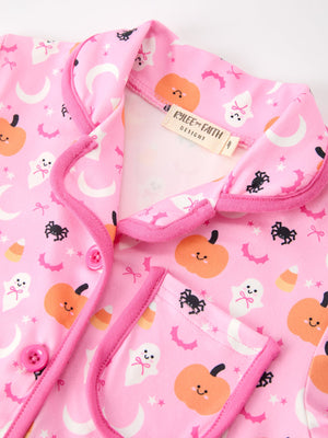 Halloween Pumpkin Ghost Print Girls Pajama Set Long Sleeve Top and Shorts — view 3