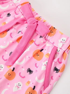 Halloween Pumpkin Ghost Print Girls Pajama Set Long Sleeve Top and Shorts — view 5