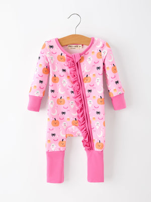 Halloween Pumpkin Ghost Print Baby Girl Pajamas Ruffle Zipper Romper — view 1