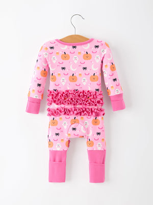 Halloween Pumpkin Ghost Print Baby Girl Pajamas Ruffle Zipper Romper — view 2