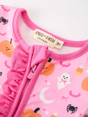 Halloween Pumpkin Ghost Print Baby Girl Pajamas Ruffle Zipper Romper — view 3