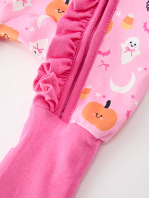 Halloween Pumpkin Ghost Print Baby Girl Pajamas Ruffle Zipper Romper — view 4