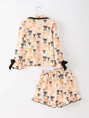 Halloween Bow Print Girls Pajama Set Long Sleeve Top and Shorts — view 2