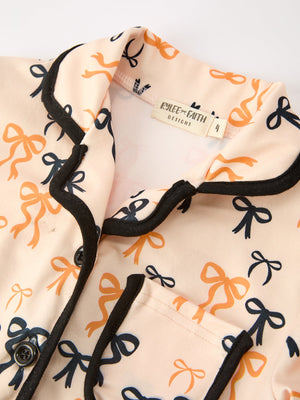Halloween Bow Print Girls Pajama Set Long Sleeve Top and Shorts — view 3