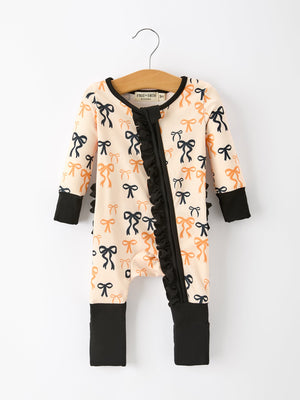 Halloween Bow Print Baby Girl Pajamas Ruffle Zipper Romper — view 1